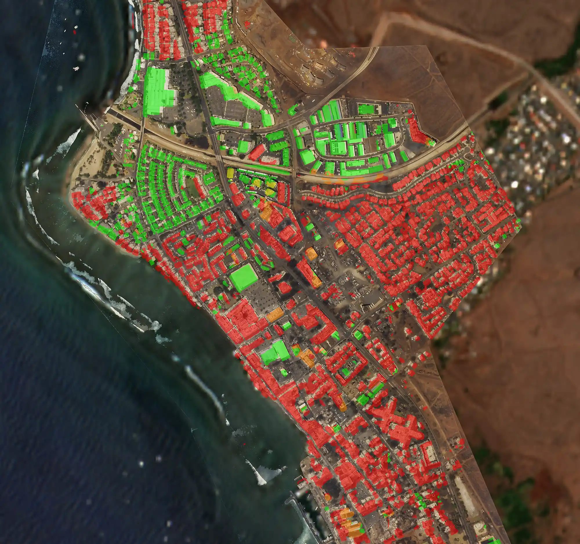 Planet Labs satellite imagery of Lahaina city, damage overlay on August 15th, 2023